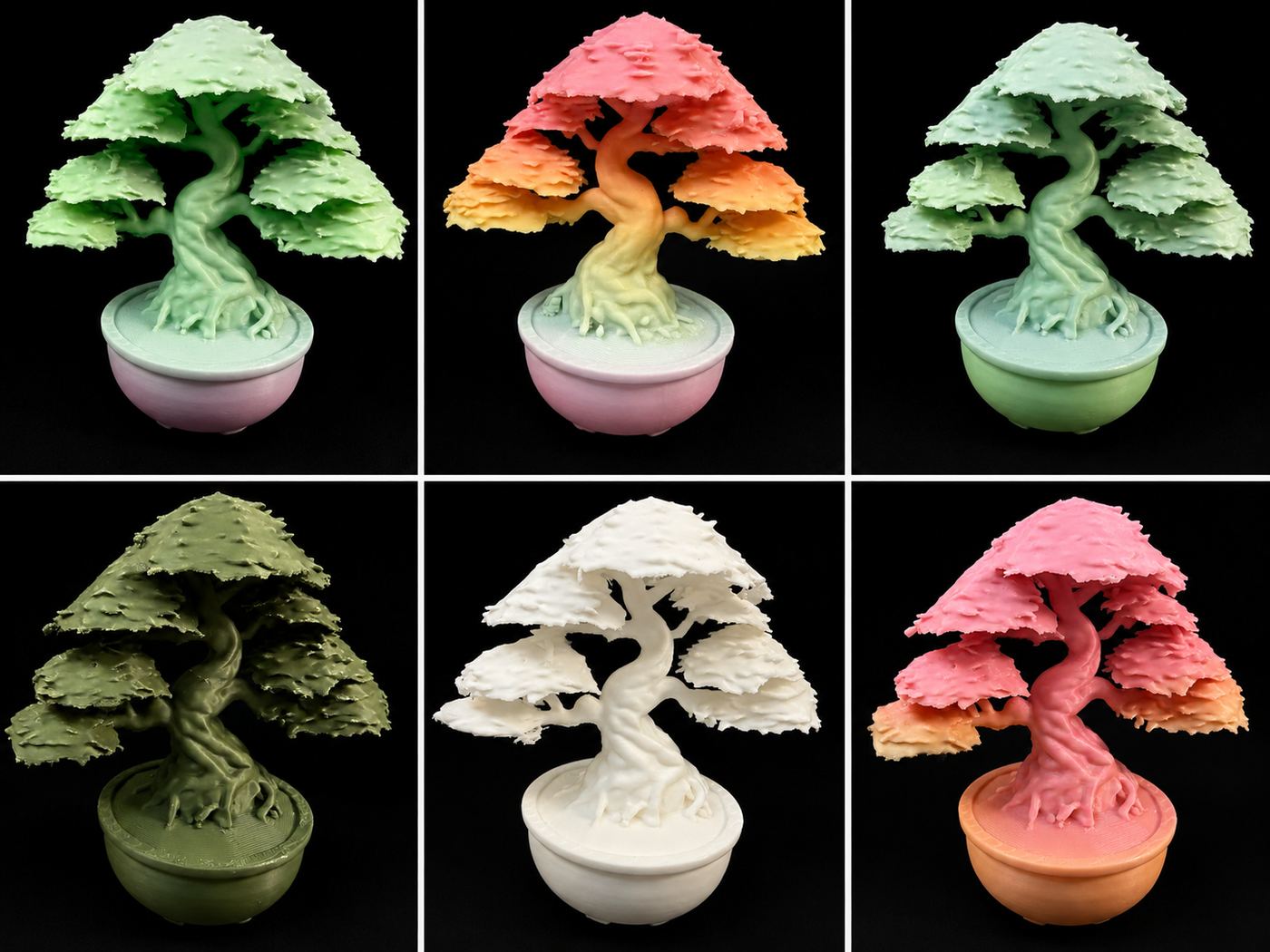 Six color-shifting bonsai tree prints showing the full color range