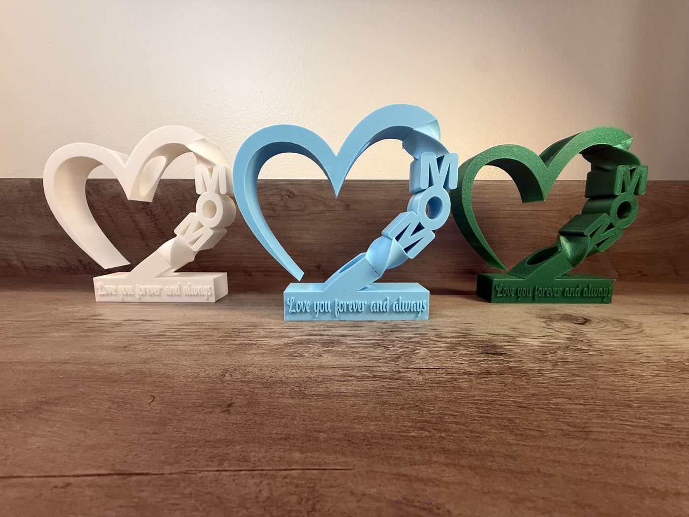 Heart-shaped plaque reading MOM with love you forever and always